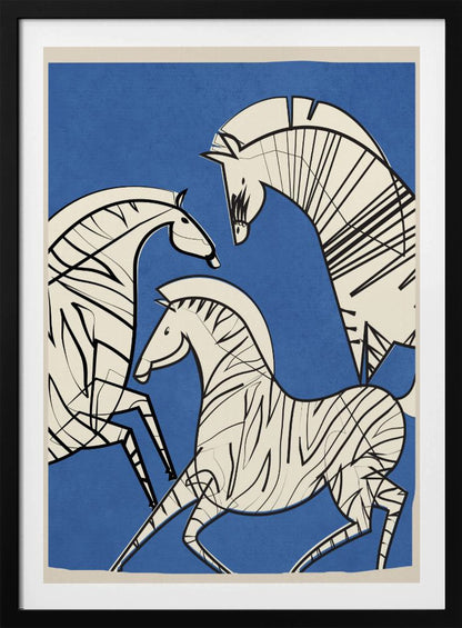 A modern, graphic illustration of three stylized zebras against a bold blue background. The zebras are off-white with thick black outlines and stripes, creating a dynamic and abstract composition. The artwork is presented within a simple black frame. Decor