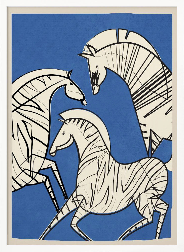 A modern, graphic illustration of three stylized zebras against a bold blue background. The zebras are off-white with thick black outlines and stripes, creating a dynamic and abstract composition. The artwork is presented within a simple black frame. Decor
