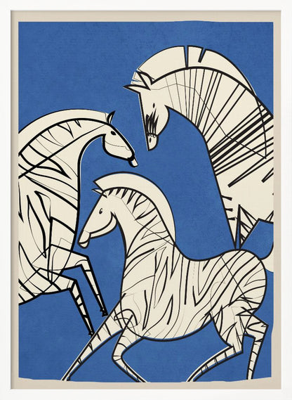 A modern, graphic illustration of three stylized zebras against a bold blue background. The zebras are off-white with thick black outlines and stripes, creating a dynamic and abstract composition. The artwork is presented within a simple black frame. Decor