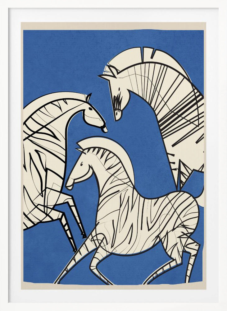 A modern, graphic illustration of three stylized zebras against a bold blue background. The zebras are off-white with thick black outlines and stripes, creating a dynamic and abstract composition. The artwork is presented within a simple black frame. Decor