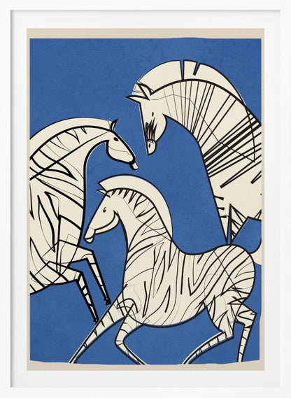 A modern, graphic illustration of three stylized zebras against a bold blue background. The zebras are off-white with thick black outlines and stripes, creating a dynamic and abstract composition. The artwork is presented within a simple black frame. Decor
