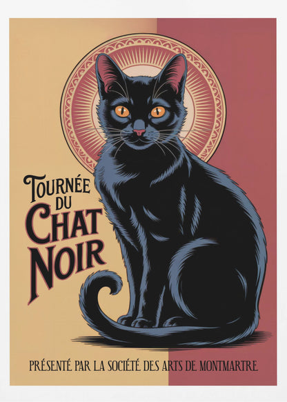 A vintage French poster titled 'Tournée du Chat Noir'. It features a large, stylized black cat with prominent orange eyes sitting against a circular, halo-like design. The background is split between pale yellow and deep red. The poster includes French text in an Art Nouveau style. Artwork