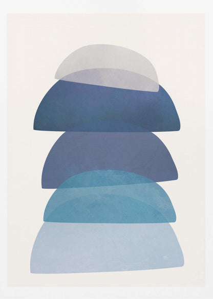 An abstract art print in a black frame, featuring a vertical stack of five semi-circular, dome-like shapes against an off-white background. The shapes are in various shades of blue and gray and have a translucent, overlapping quality, creating a sense of depth and balance. Artwork