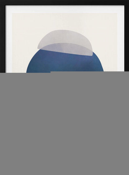 An abstract art print in a black frame, featuring a vertical stack of five semi-circular, dome-like shapes against an off-white background. The shapes are in various shades of blue and gray and have a translucent, overlapping quality, creating a sense of depth and balance. Artwork