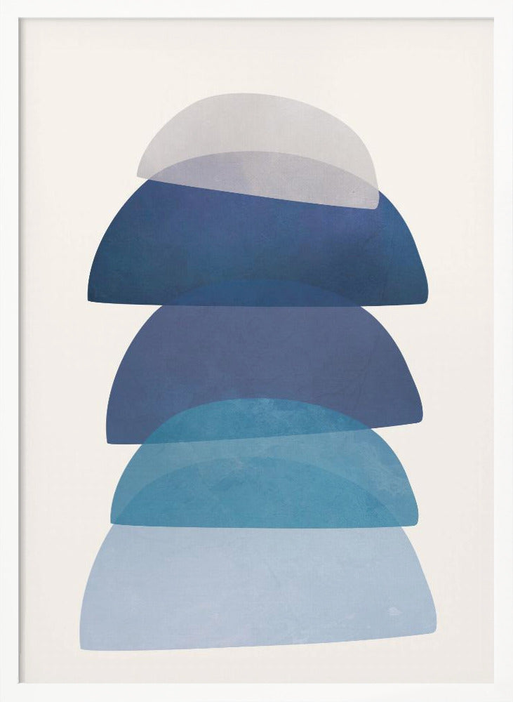 An abstract art print in a black frame, featuring a vertical stack of five semi-circular, dome-like shapes against an off-white background. The shapes are in various shades of blue and gray and have a translucent, overlapping quality, creating a sense of depth and balance. Artwork