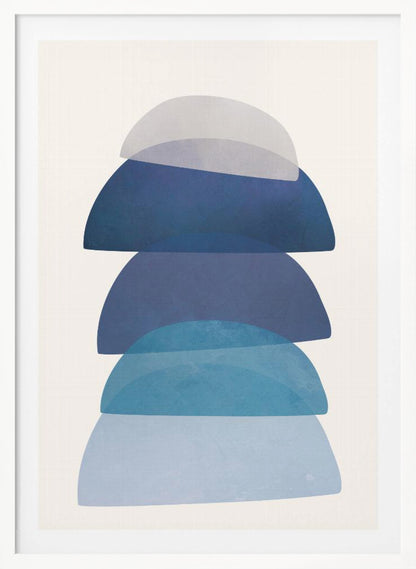 An abstract art print in a black frame, featuring a vertical stack of five semi-circular, dome-like shapes against an off-white background. The shapes are in various shades of blue and gray and have a translucent, overlapping quality, creating a sense of depth and balance. Artwork