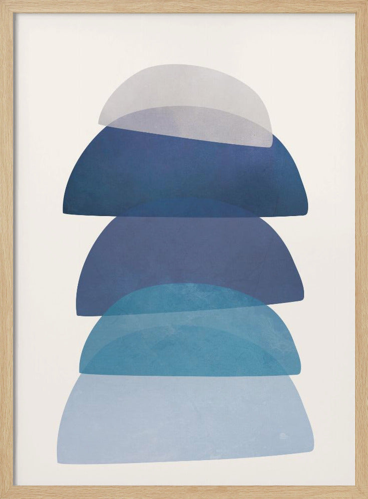 An abstract art print in a black frame, featuring a vertical stack of five semi-circular, dome-like shapes against an off-white background. The shapes are in various shades of blue and gray and have a translucent, overlapping quality, creating a sense of depth and balance. Artwork