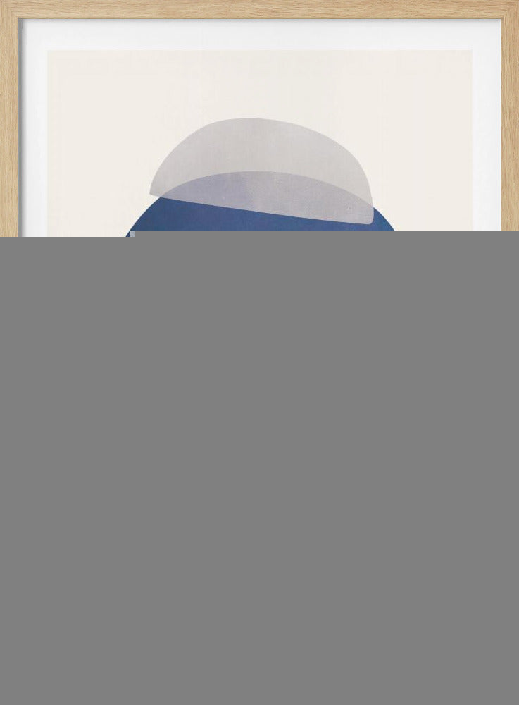 An abstract art print in a black frame, featuring a vertical stack of five semi-circular, dome-like shapes against an off-white background. The shapes are in various shades of blue and gray and have a translucent, overlapping quality, creating a sense of depth and balance. Artwork