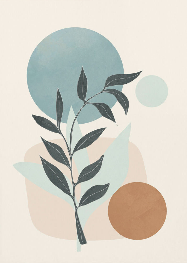 A minimalist abstract artwork featuring a dark silhouette of a plant stem with leaves, set against a background of geometric and organic shapes in muted blue, brown, and beige tones on a cream-colored canvas, all enclosed in a thin black frame. Decor