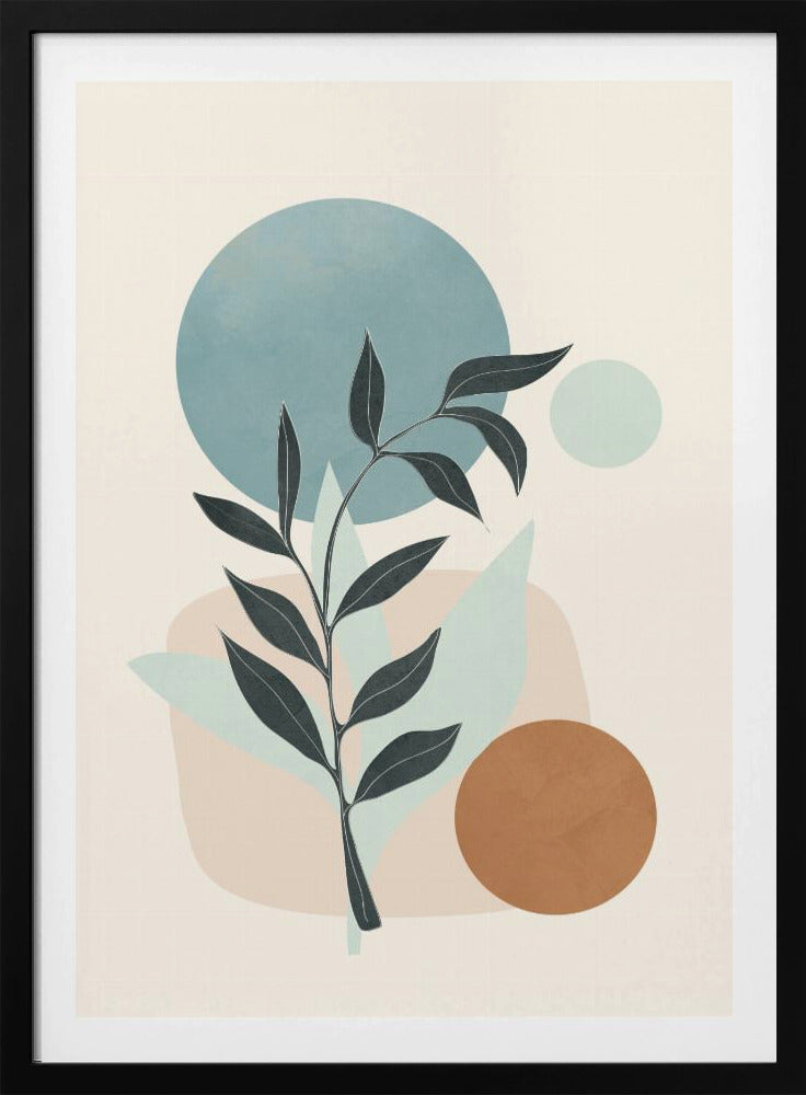 A minimalist abstract artwork featuring a dark silhouette of a plant stem with leaves, set against a background of geometric and organic shapes in muted blue, brown, and beige tones on a cream-colored canvas, all enclosed in a thin black frame. Decor