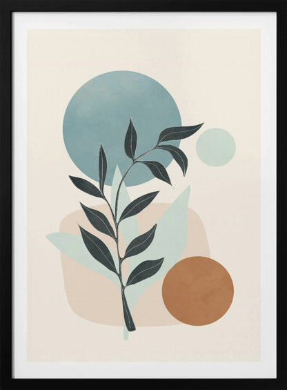 A minimalist abstract artwork featuring a dark silhouette of a plant stem with leaves, set against a background of geometric and organic shapes in muted blue, brown, and beige tones on a cream-colored canvas, all enclosed in a thin black frame. Decor