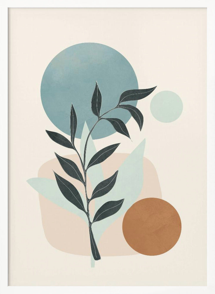 A minimalist abstract artwork featuring a dark silhouette of a plant stem with leaves, set against a background of geometric and organic shapes in muted blue, brown, and beige tones on a cream-colored canvas, all enclosed in a thin black frame. Decor