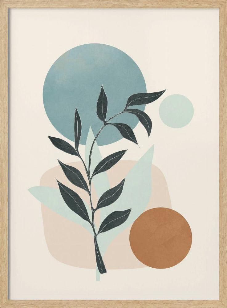 A minimalist abstract artwork featuring a dark silhouette of a plant stem with leaves, set against a background of geometric and organic shapes in muted blue, brown, and beige tones on a cream-colored canvas, all enclosed in a thin black frame. Decor