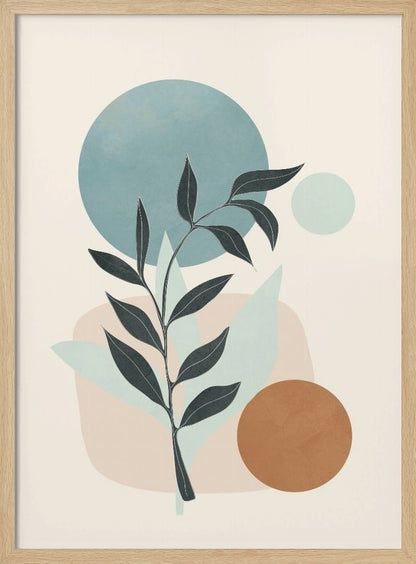 A minimalist abstract artwork featuring a dark silhouette of a plant stem with leaves, set against a background of geometric and organic shapes in muted blue, brown, and beige tones on a cream-colored canvas, all enclosed in a thin black frame. Decor