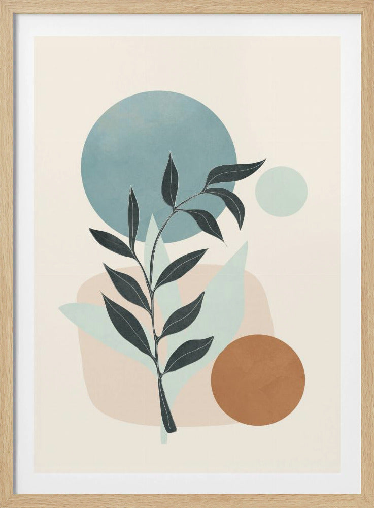 A minimalist abstract artwork featuring a dark silhouette of a plant stem with leaves, set against a background of geometric and organic shapes in muted blue, brown, and beige tones on a cream-colored canvas, all enclosed in a thin black frame. Decor
