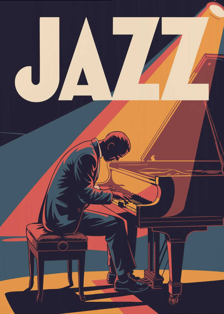 A vintage-style graphic poster featuring a man in a suit playing a grand piano under a spotlight. The word 'JAZZ' is written in large, bold, cream-colored letters at the top against a dark blue background. The color palette is dominated by navy blue, orange, red, and cream, creating a warm and dramatic atmosphere. Wall Art