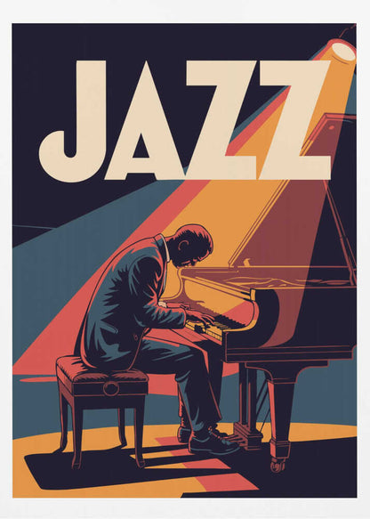 A vintage-style graphic poster featuring a man in a suit playing a grand piano under a spotlight. The word 'JAZZ' is written in large, bold, cream-colored letters at the top against a dark blue background. The color palette is dominated by navy blue, orange, red, and cream, creating a warm and dramatic atmosphere. Wall Art