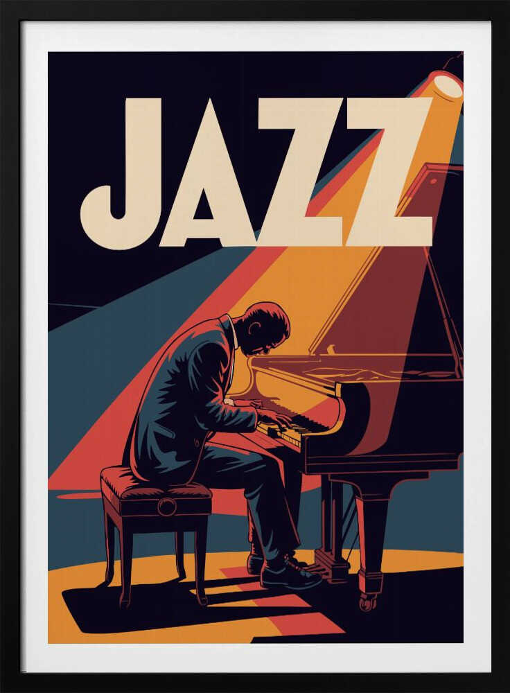 A vintage-style graphic poster featuring a man in a suit playing a grand piano under a spotlight. The word 'JAZZ' is written in large, bold, cream-colored letters at the top against a dark blue background. The color palette is dominated by navy blue, orange, red, and cream, creating a warm and dramatic atmosphere. Wall Art