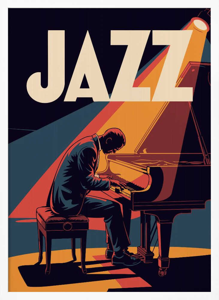 A vintage-style graphic poster featuring a man in a suit playing a grand piano under a spotlight. The word 'JAZZ' is written in large, bold, cream-colored letters at the top against a dark blue background. The color palette is dominated by navy blue, orange, red, and cream, creating a warm and dramatic atmosphere. Wall Art