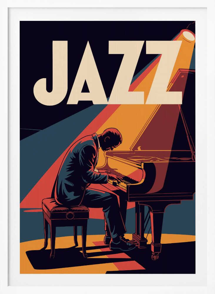 A vintage-style graphic poster featuring a man in a suit playing a grand piano under a spotlight. The word 'JAZZ' is written in large, bold, cream-colored letters at the top against a dark blue background. The color palette is dominated by navy blue, orange, red, and cream, creating a warm and dramatic atmosphere. Wall Art