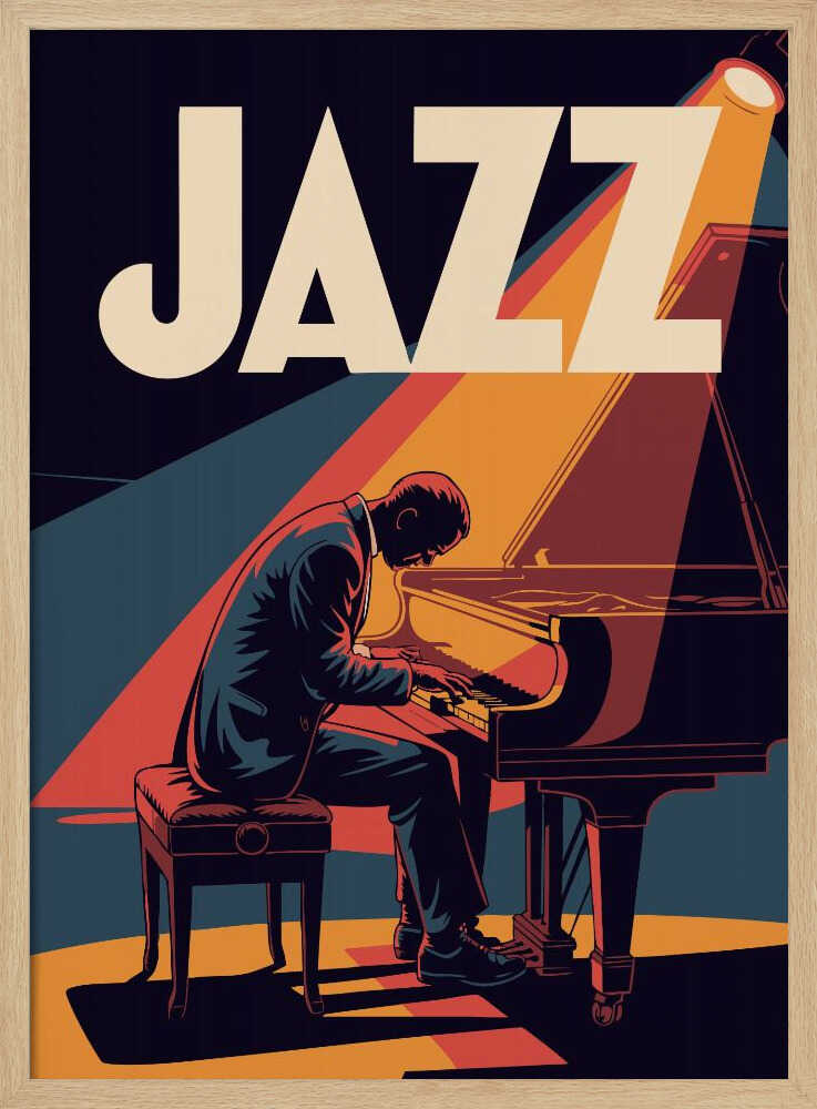 A vintage-style graphic poster featuring a man in a suit playing a grand piano under a spotlight. The word 'JAZZ' is written in large, bold, cream-colored letters at the top against a dark blue background. The color palette is dominated by navy blue, orange, red, and cream, creating a warm and dramatic atmosphere. Wall Art