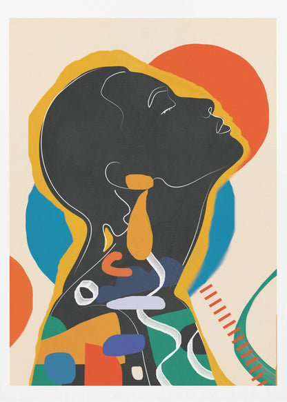 A modern abstract artwork of a person in profile, head tilted back with closed eyes. The figure is a black silhouette outlined in white and yellow, filled with a collage of colorful shapes in orange, blue, and green against a cream background with large orange and blue circles. Decor
