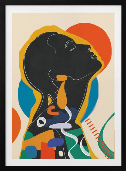 A modern abstract artwork of a person in profile, head tilted back with closed eyes. The figure is a black silhouette outlined in white and yellow, filled with a collage of colorful shapes in orange, blue, and green against a cream background with large orange and blue circles. Decor