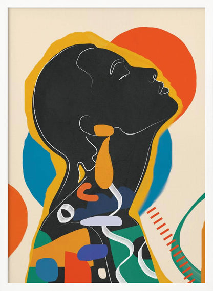 A modern abstract artwork of a person in profile, head tilted back with closed eyes. The figure is a black silhouette outlined in white and yellow, filled with a collage of colorful shapes in orange, blue, and green against a cream background with large orange and blue circles. Decor