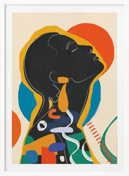 A modern abstract artwork of a person in profile, head tilted back with closed eyes. The figure is a black silhouette outlined in white and yellow, filled with a collage of colorful shapes in orange, blue, and green against a cream background with large orange and blue circles. Decor