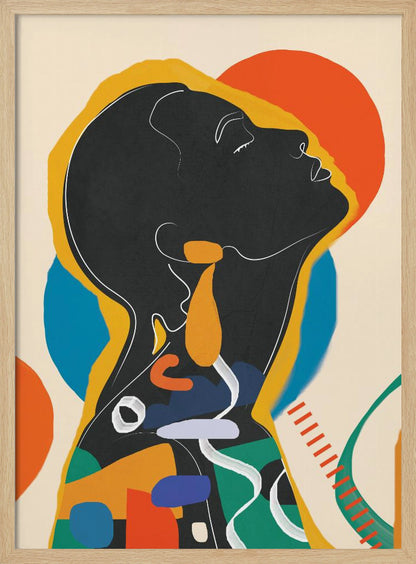 A modern abstract artwork of a person in profile, head tilted back with closed eyes. The figure is a black silhouette outlined in white and yellow, filled with a collage of colorful shapes in orange, blue, and green against a cream background with large orange and blue circles. Decor