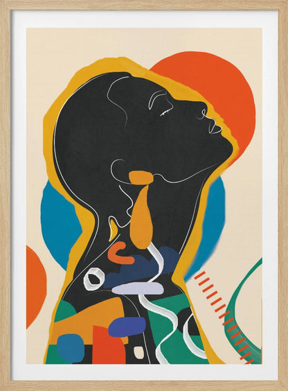 A modern abstract artwork of a person in profile, head tilted back with closed eyes. The figure is a black silhouette outlined in white and yellow, filled with a collage of colorful shapes in orange, blue, and green against a cream background with large orange and blue circles. Decor