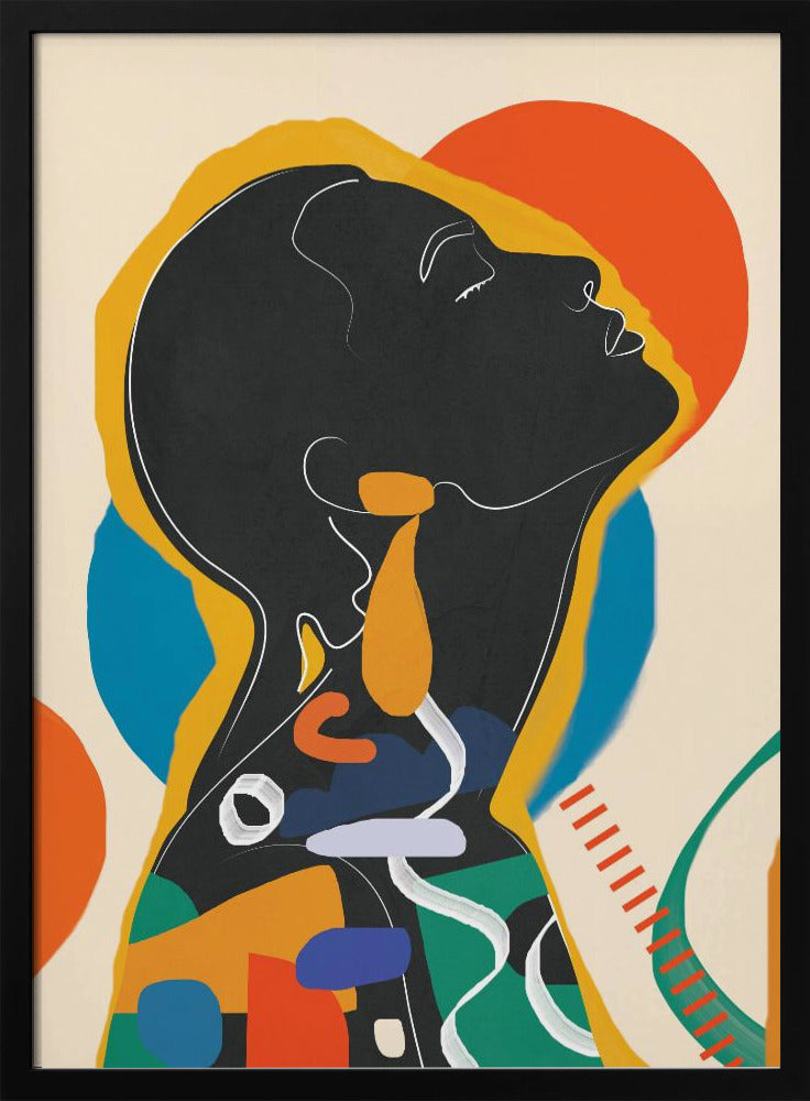 A modern abstract artwork of a person in profile, head tilted back with closed eyes. The figure is a black silhouette outlined in white and yellow, filled with a collage of colorful shapes in orange, blue, and green against a cream background with large orange and blue circles. Decor