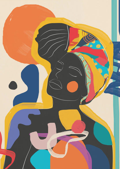 An abstract art piece featuring a Black woman with her eyes closed. Her silhouette is solid black with white line art defining her facial features. She wears a brightly colored and patterned headwrap in yellow, red, and blue. The figure is surrounded by large, organic shapes in a vibrant palette of orange, blue, purple, and red against an off-white background. Poster