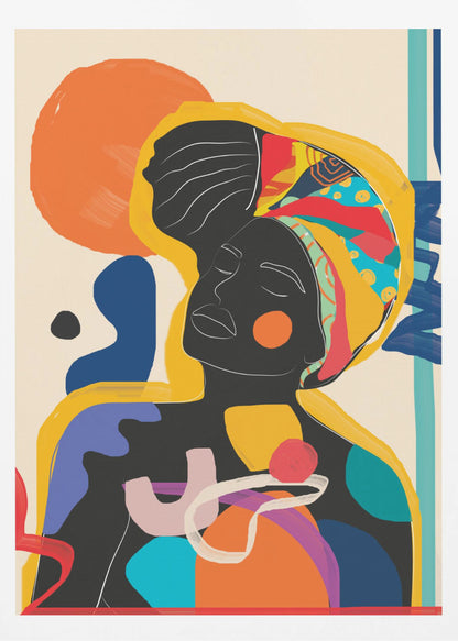An abstract art piece featuring a Black woman with her eyes closed. Her silhouette is solid black with white line art defining her facial features. She wears a brightly colored and patterned headwrap in yellow, red, and blue. The figure is surrounded by large, organic shapes in a vibrant palette of orange, blue, purple, and red against an off-white background. Poster
