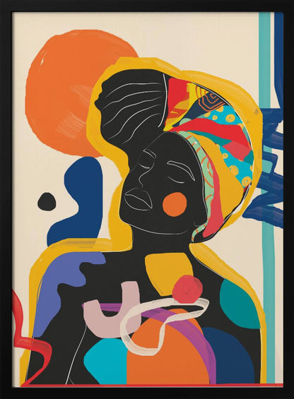 An abstract art piece featuring a Black woman with her eyes closed. Her silhouette is solid black with white line art defining her facial features. She wears a brightly colored and patterned headwrap in yellow, red, and blue. The figure is surrounded by large, organic shapes in a vibrant palette of orange, blue, purple, and red against an off-white background. Poster