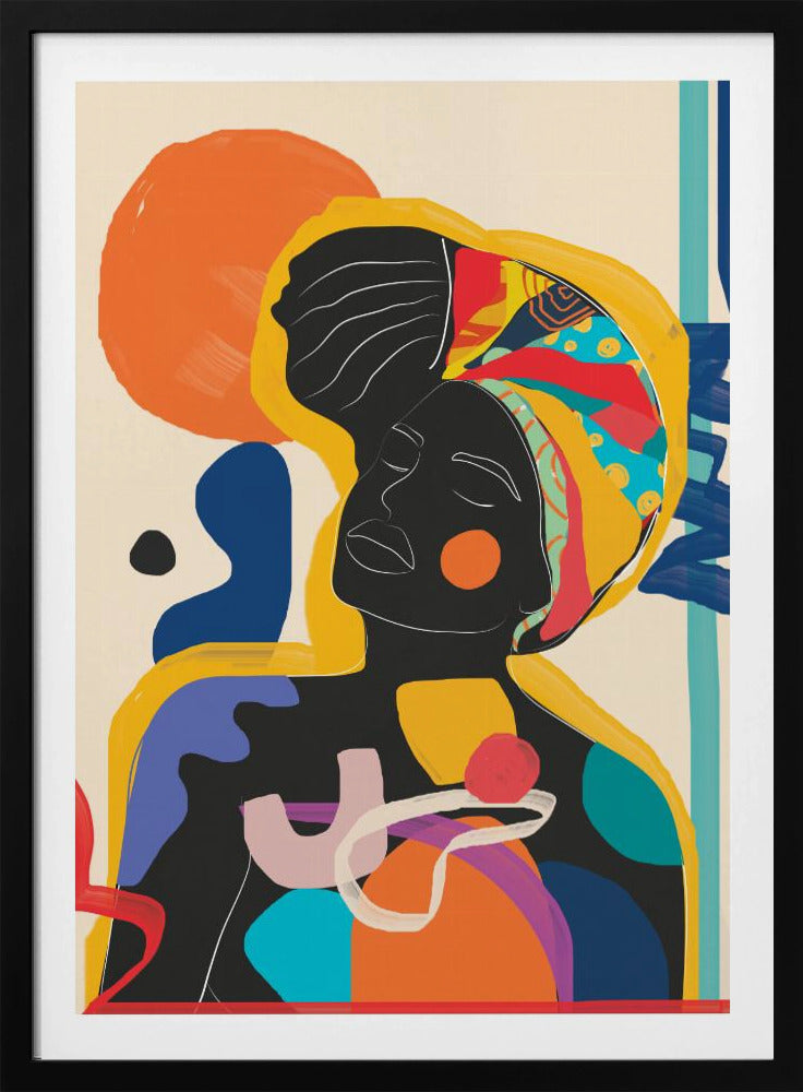 An abstract art piece featuring a Black woman with her eyes closed. Her silhouette is solid black with white line art defining her facial features. She wears a brightly colored and patterned headwrap in yellow, red, and blue. The figure is surrounded by large, organic shapes in a vibrant palette of orange, blue, purple, and red against an off-white background. Poster