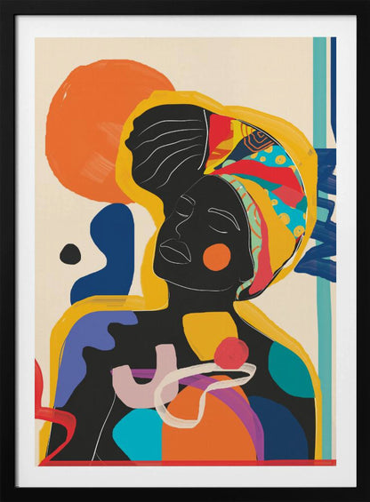 An abstract art piece featuring a Black woman with her eyes closed. Her silhouette is solid black with white line art defining her facial features. She wears a brightly colored and patterned headwrap in yellow, red, and blue. The figure is surrounded by large, organic shapes in a vibrant palette of orange, blue, purple, and red against an off-white background. Poster
