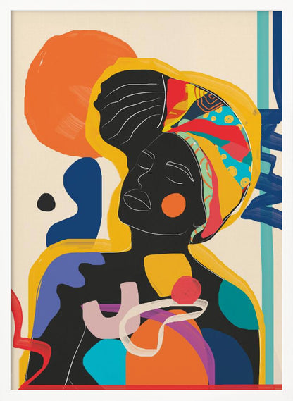 An abstract art piece featuring a Black woman with her eyes closed. Her silhouette is solid black with white line art defining her facial features. She wears a brightly colored and patterned headwrap in yellow, red, and blue. The figure is surrounded by large, organic shapes in a vibrant palette of orange, blue, purple, and red against an off-white background. Poster
