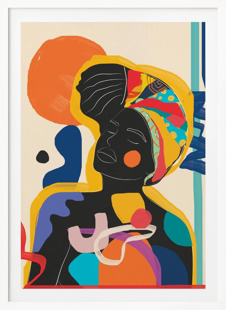 An abstract art piece featuring a Black woman with her eyes closed. Her silhouette is solid black with white line art defining her facial features. She wears a brightly colored and patterned headwrap in yellow, red, and blue. The figure is surrounded by large, organic shapes in a vibrant palette of orange, blue, purple, and red against an off-white background. Poster