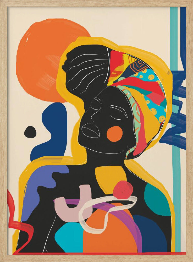 An abstract art piece featuring a Black woman with her eyes closed. Her silhouette is solid black with white line art defining her facial features. She wears a brightly colored and patterned headwrap in yellow, red, and blue. The figure is surrounded by large, organic shapes in a vibrant palette of orange, blue, purple, and red against an off-white background. Poster