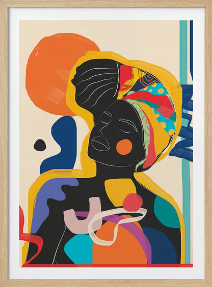 An abstract art piece featuring a Black woman with her eyes closed. Her silhouette is solid black with white line art defining her facial features. She wears a brightly colored and patterned headwrap in yellow, red, and blue. The figure is surrounded by large, organic shapes in a vibrant palette of orange, blue, purple, and red against an off-white background. Poster