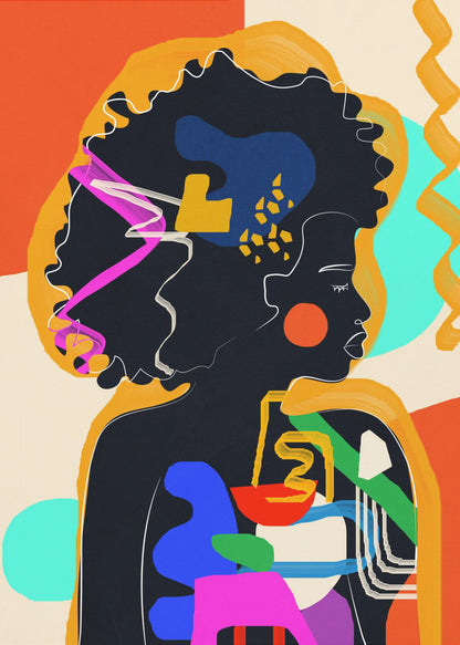 An abstract modern art portrait of a Black woman in profile, her silhouette filled with bold, colorful shapes of blue, red, green, and pink. Her large afro is adorned with abstract patterns, set against a background of orange, cream, and turquoise blocks of color. Decor