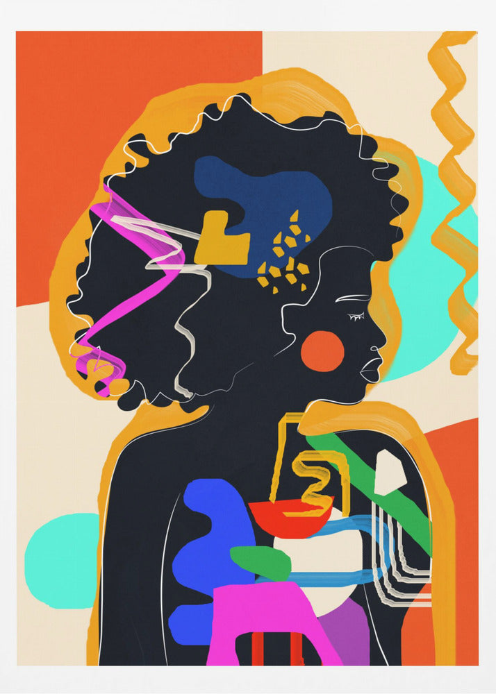 An abstract modern art portrait of a Black woman in profile, her silhouette filled with bold, colorful shapes of blue, red, green, and pink. Her large afro is adorned with abstract patterns, set against a background of orange, cream, and turquoise blocks of color. Decor