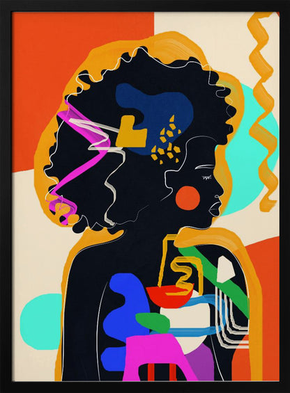 An abstract modern art portrait of a Black woman in profile, her silhouette filled with bold, colorful shapes of blue, red, green, and pink. Her large afro is adorned with abstract patterns, set against a background of orange, cream, and turquoise blocks of color. Decor