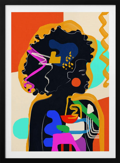 An abstract modern art portrait of a Black woman in profile, her silhouette filled with bold, colorful shapes of blue, red, green, and pink. Her large afro is adorned with abstract patterns, set against a background of orange, cream, and turquoise blocks of color. Decor