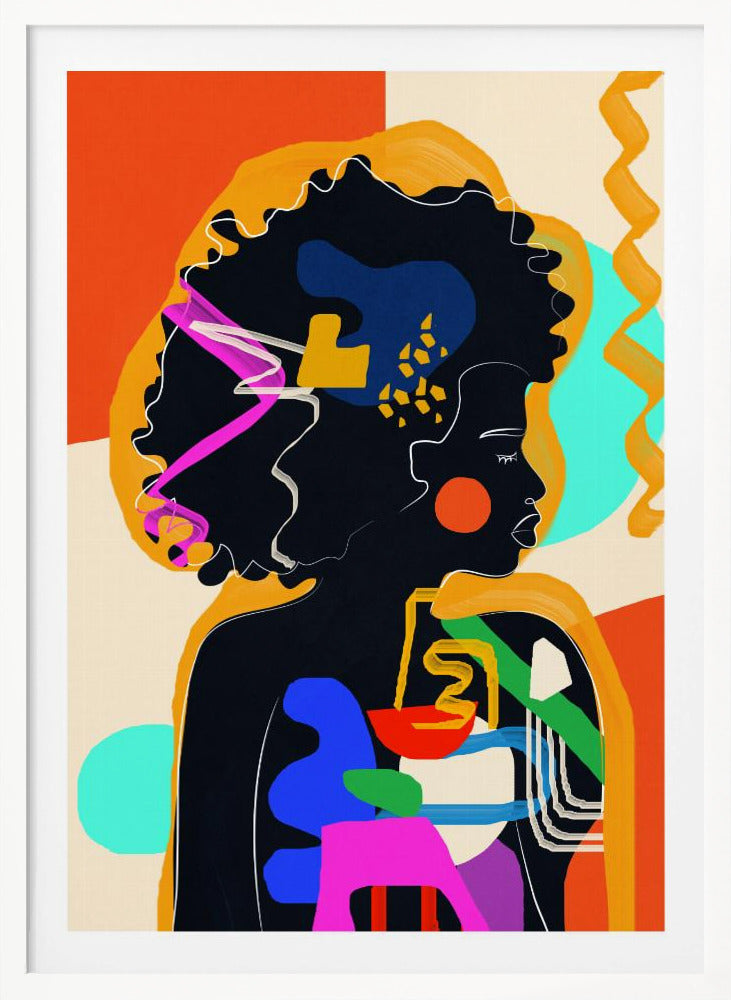 An abstract modern art portrait of a Black woman in profile, her silhouette filled with bold, colorful shapes of blue, red, green, and pink. Her large afro is adorned with abstract patterns, set against a background of orange, cream, and turquoise blocks of color. Decor
