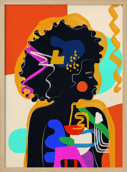 An abstract modern art portrait of a Black woman in profile, her silhouette filled with bold, colorful shapes of blue, red, green, and pink. Her large afro is adorned with abstract patterns, set against a background of orange, cream, and turquoise blocks of color. Decor