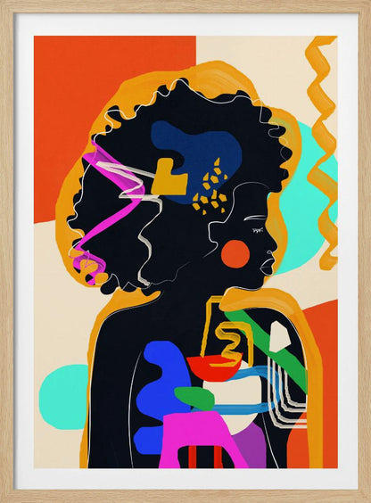 An abstract modern art portrait of a Black woman in profile, her silhouette filled with bold, colorful shapes of blue, red, green, and pink. Her large afro is adorned with abstract patterns, set against a background of orange, cream, and turquoise blocks of color. Decor