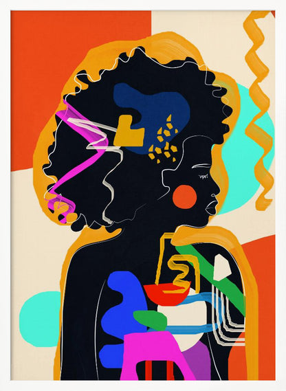 An abstract modern art portrait of a Black woman in profile, her silhouette filled with bold, colorful shapes of blue, red, green, and pink. Her large afro is adorned with abstract patterns, set against a background of orange, cream, and turquoise blocks of color. Decor