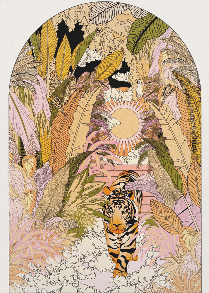 A stylized illustration within an arched frame showing a tiger emerging from a dense, colorful jungle. The foliage is rendered in shades of pink, yellow, orange, and green. In the background, a radiant sun is setting or rising, and the tiger is walking towards the viewer on a bed of white clouds. Print
